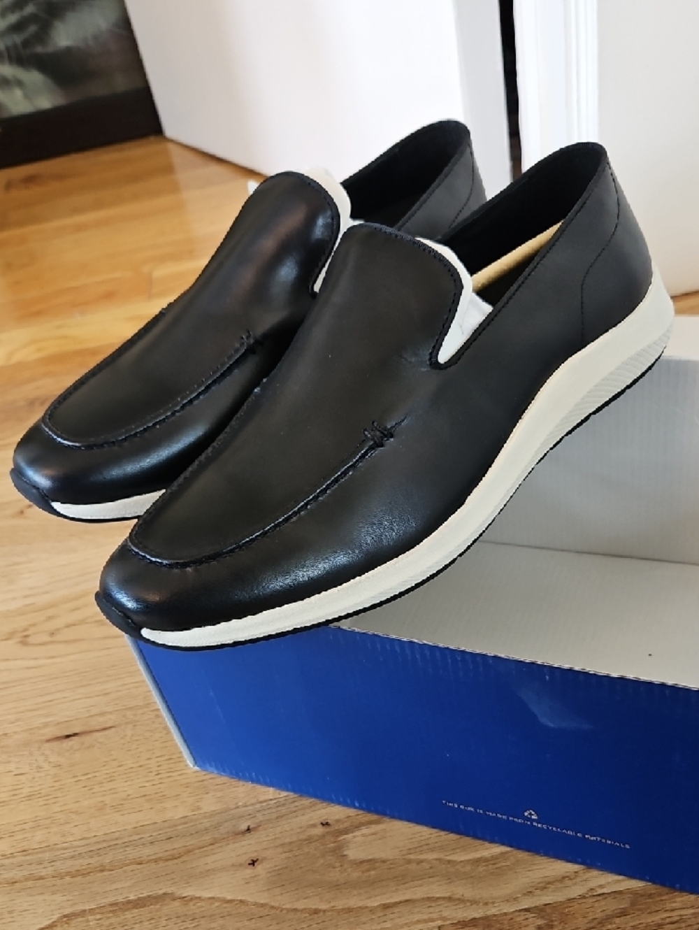 Vince Camuto Black Leather Slip-On Loafers with White Sole